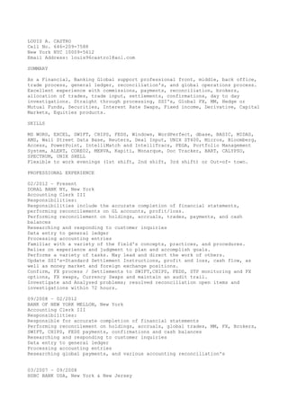 LOUIS A. CASTRO
Cell No. 646-209-7588
New York NYC 10009-5612
Email Address: louis96castro1@aol.com
SUMMARY
As a Financial, Banking Global support professional front, middle, back office,
trade process, general ledger, reconciliation's, and global operations process.
Excellent experience with commissions, payments, reconciliation, brokers,
allocation of trades, trade input, settlements, confirmations, day to day
investigations. Straight through processing, SSI's, Global FX, MM, Hedge or
Mutual Funds, Securities, Interest Rate Swaps, Fixed income, Derivative, Capital
Markets, Equities products.
SKILLS
MS WORD, EXCEL, SWIFT, CHIPS, FEDS, Windows, WordPerfect, dbase, BASIC, MIDAS,
AMS, Wall Street Data Base, Reuters, Deal Input, UNIX ST400, Micros, Bloomberg,
Access, PowerPoint, IntelliMatch and IntelliTracs, PEGA, Portfolio Management
System, ALERT, CORE02, MERVA, Kapiti, Monarque, Doc Tracker, BART, CALYPSO,
SPECTRUM, UNIX SHELL
Flexible to work evenings (1st shift, 2nd shift, 3rd shift) or Out-of- town.
PROFESSIONAL EXPERIENCE
02/2012 – Present
DORAL BANK NY, New York
Accounting Clerk III
Responsibilities:
Responsibilities include the accurate completion of financial statements,
performing reconcilements on GL accounts, profit/loss.
Performing reconcilement on holdings, accruals, trades, payments, and cash
balances
Researching and responding to customer inquiries
Data entry to general ledger
Processing accounting entries
Familiar with a variety of the field's concepts, practices, and procedures.
Relies on experience and judgment to plan and accomplish goals.
Performs a variety of tasks. May lead and direct the work of others.
Update SSI's-Standard Settlement Instructions, profit and loss, cash flow, as
well as money market and foreign exchange positions.
Confirm, FX process / Settlements to SWIFT,CHIPS, FEDS, STP monitoring and FX
options, FX swaps, Currency Swaps and maintain an audit trail.
Investigate and Analyzed problems; resolved reconciliation open items and
investigations within 72 hours.
09/2008 – 02/2012
BANK OF NEW YORK MELLON, New York
Accounting Clerk III
Responsibilities:
Responsible for accurate completion of financial statements
Performing reconcilement on holdings, accruals, global trades, MM, FX, Brokers,
SWIFT, CHIPS, FEDS payments, confirmations and cash balances
Researching and responding to customer inquiries
Data entry to general ledger
Processing accounting entries
Researching global payments, and various accounting reconciliation's
03/2007 – 09/2008
HSBC BANK USA, New York & New Jersey
 