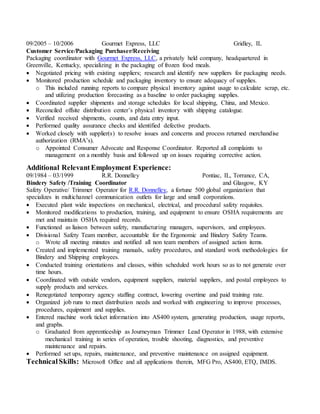 09/2005 – 10/2006 Gourmet Express, LLC Gridley, IL
Customer Service/Packaging Purchaser/Receiving
Packaging coordinator with Gourmet Express, LLC, a privately held company, headquartered in
Greenville, Kentucky, specializing in the packaging of frozen food meals.
 Negotiated pricing with existing suppliers; research and identify new suppliers for packaging needs.
 Monitored production schedule and packaging inventory to ensure adequacy of supplies.
o This included running reports to compare physical inventory against usage to calculate scrap, etc.
and utilizing production forecasting as a baseline to order packaging supplies.
 Coordinated supplier shipments and storage schedules for local shipping, China, and Mexico.
 Reconciled offsite distribution center’s physical inventory with shipping catalogue.
 Verified received shipments, counts, and data entry input.
 Performed quality assurance checks and identified defective products.
 Worked closely with supplier(s) to resolve issues and concerns and process returned merchandise
authorization (RMA’s).
o Appointed Consumer Advocate and Response Coordinator. Reported all complaints to
management on a monthly basis and followed up on issues requiring corrective action.
Additional RelevantEmployment Experience:
09/1984 – 03/1999 R.R. Donnelley Pontiac, IL, Torrance, CA,
Bindery Safety /Training Coordinator and Glasgow, KY
Safety Operative/ Trimmer Operator for R.R. Donnelley, a fortune 500 global organization that
specializes in multichannel communication outlets for large and small corporations.
 Executed plant wide inspections on mechanical, electrical, and procedural safety requisites.
 Monitored modifications to production, training, and equipment to ensure OSHA requirements are
met and maintain OSHA required records.
 Functioned as liaison between safety, manufacturing managers, supervisors, and employees.
 Divisional Safety Team member, accountable for the Ergonomic and Bindery Safety Teams.
o Wrote all meeting minutes and notified all non team members of assigned action items.
 Created and implemented training manuals, safety procedures, and standard work methodologies for
Bindery and Shipping employees.
 Conducted training orientations and classes, within scheduled work hours so as to not generate over
time hours.
 Coordinated with outside vendors, equipment suppliers, material suppliers, and postal employees to
supply products and services.
 Renegotiated temporary agency staffing contract, lowering overtime and paid training rate.
 Organized job runs to meet distribution needs and worked with engineering to improve processes,
procedures, equipment and supplies.
 Entered machine work ticket information into AS400 system, generating production, usage reports,
and graphs.
o Graduated from apprenticeship as Journeyman Trimmer Lead Operator in 1988, with extensive
mechanical training in series of operation, trouble shooting, diagnostics, and preventive
maintenance and repairs.
 Performed set ups, repairs, maintenance, and preventive maintenance on assigned equipment.
TechnicalSkills: Microsoft Office and all applications therein, MFG Pro, AS400, ETQ, IMDS.
 