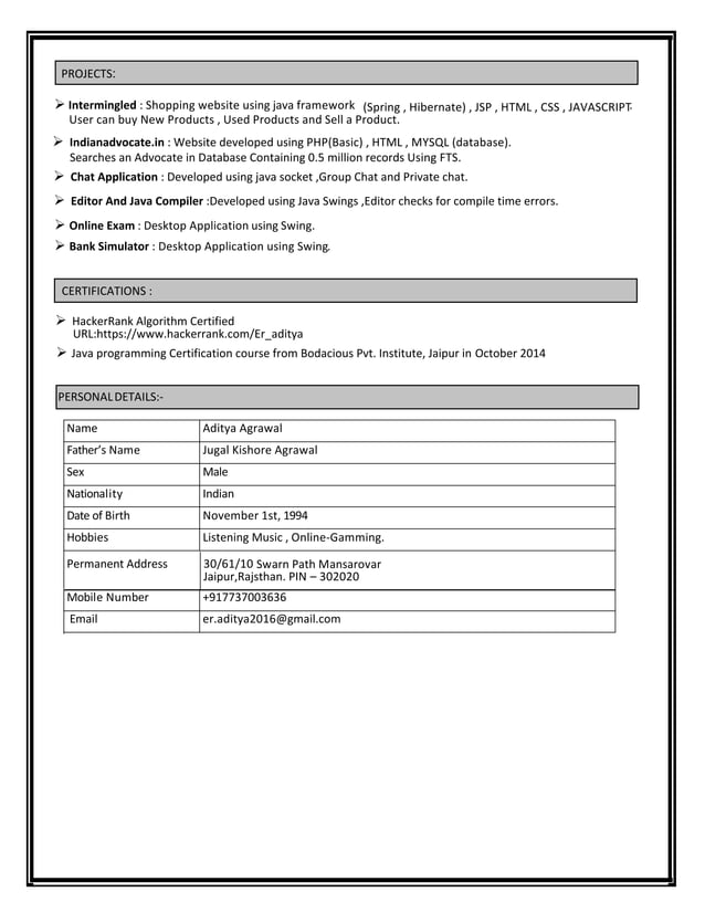 Java Freshers Resume Aditya Agrawal | PDF