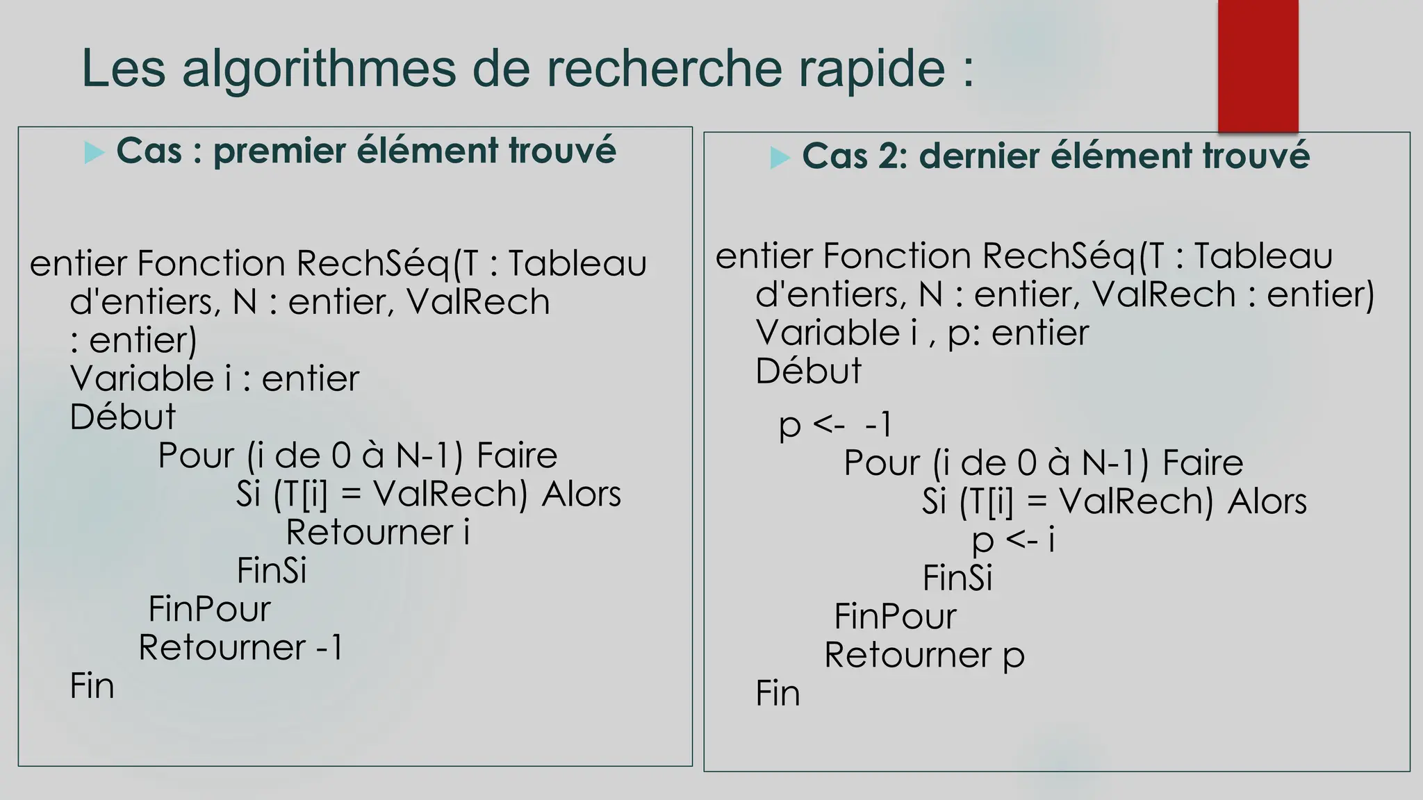 Les algorithmes de recherche rapide :
 Cas : premier élément trouvé
entier Fonction RechSéq(T : Tableau
d'entiers, N : entier, ValRech
: entier)
Variable i : entier
Début
Pour (i de 0 à N-1) Faire
Si (T[i] = ValRech) Alors
Retourner i
FinSi
FinPour
Retourner -1
Fin
 Cas 2: dernier élément trouvé
entier Fonction RechSéq(T : Tableau
d'entiers, N : entier, ValRech : entier)
Variable i , p: entier
Début
p <- -1
Pour (i de 0 à N-1) Faire
Si (T[i] = ValRech) Alors
p <- i
FinSi
FinPour
Retourner p
Fin
 