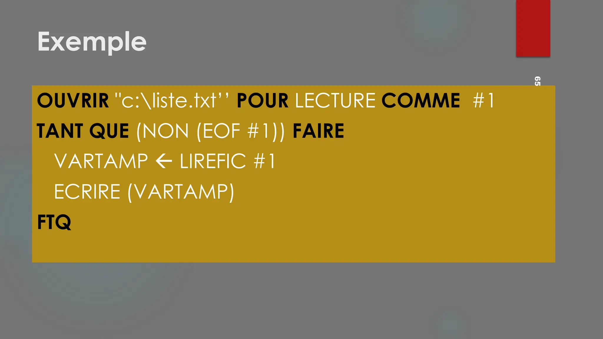 Exemple
OUVRIR "c:liste.txt’’ POUR LECTURE COMME #1
TANT QUE (NON (EOF #1)) FAIRE
VARTAMP  LIREFIC #1
ECRIRE (VARTAMP)
FTQ
65
 