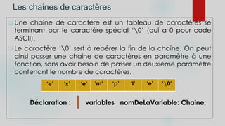 Les chaines de caractères
 Une chaine de caractère est un tableau de caractères se
terminant par le caractère spécial ‘0’ (qui a 0 pour code
ASCII).
 Le caractère ‘0’ sert à repérer la fin de la chaine. On peut
ainsi passer une chaine de caractères en paramètre à une
fonction, sans avoir besoin de passer un deuxième paramètre
contenant le nombre de caractères.
Déclaration : variables nomDeLaVariable: Chaine;
‘e’ ‘x’ ‘e’ ‘’
‘m’ ‘p’ ‘l’ ‘e’ ‘0’
 