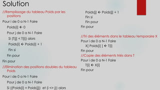 Solution
//Remplissage du tableau Poids par les
positions
Pour i de 0 a N-1 Faire
Poids[i]  0
Pour j de 0 a N-1 Faire
Si (T[j] < T[i]) alors
Poids[i]  Poids[i] + 1
Fin si
Fin pour
Fin pour
//Elimination des positions doubles du tableau
Poids
Pour i de 0 a N-1 Faire
Pour j de 0 a N-1 Faire
Si ((Poids[i] = Poids[j]) et (i <> j)) alors
Poids[j]  Poids[j] + 1
Fin si
Fin pour
Fin pour
//Tri des éléments dans le tableau temporaire X
Pour i de 0 a N-1 Faire
X[ Poids[i] ]  T[i]
Fin pour
//Copie des éléments triés dans T
Pour i de 0 a N-1 Faire
T[i]  X[i]
Fin pour
 