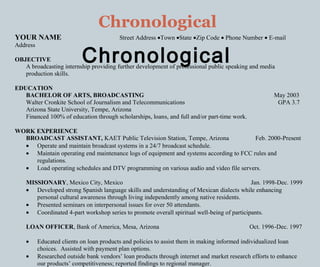 Chronological
YOUR NAME Street Address •Town •State •Zip Code • Phone Number • E-mail
Address
OBJECTIVE
A broadcasting internship providing further development of professional public speaking and media
production skills.
EDUCATION
BACHELOR OF ARTS, BROADCASTING May 2003
Walter Cronkite School of Journalism and Telecommunications GPA 3.7
Arizona State University, Tempe, Arizona
Financed 100% of education through scholarships, loans, and full and/or part-time work.
WORK EXPERIENCE
BROADCAST ASSISTANT, KAET Public Television Station, Tempe, Arizona Feb. 2000-Present
• Operate and maintain broadcast systems in a 24/7 broadcast schedule.
• Maintain operating end maintenance logs of equipment and systems according to FCC rules and
regulations.
• Load operating schedules and DTV programming on various audio and video file servers.
MISSIONARY, Mexico City, Mexico Jan. 1998-Dec. 1999
• Developed strong Spanish language skills and understanding of Mexican dialects while enhancing
personal cultural awareness through living independently among native residents.
• Presented seminars on interpersonal issues for over 50 attendants.
• Coordinated 4-part workshop series to promote overall spiritual well-being of participants.
LOAN OFFICER, Bank of America, Mesa, Arizona Oct. 1996-Dec. 1997
• Educated clients on loan products and policies to assist them in making informed individualized loan
choices. Assisted with payment plan options.
• Researched outside bank vendors’ loan products through internet and market research efforts to enhance
our products’ competitiveness; reported findings to regional manager.
Chronological
 
