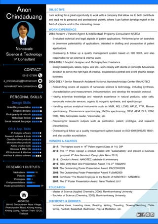 1
OBJECTIVE
I am looking for a great opportunity to work with a company that allow me to both contribute
and lead me to personal and professional growth, where I can further develop myself in the
field of science and in the interesting career.
WORK EXPERIENCE
2016-Present / Patent Agent & Intellectual Property Consultant: NSTDA
- Evaluated technical and legal aspects of patent applications. Performed prior art searches
to determine patentability of applications. Assisted in drafting and prosecution of patent
applications.
- Overseeing & follow up a quality management system based on ISO 9001, and also
responsible for all external & internal audit.
2014-2016 / Graphic designer and Photographer: Freelance
- Design catalogues, labels, logos, and etc., work closely with clients on concepts & business
direction to derive the right type of creative, established a portrait and event graphic design
business.
2006-2013 / Senior Research Assistant: National Nanotechnology Center (NANOTEC)
- Researching covers all aspects of nanoscale science & technology, including synthesis,
characterization and measurement, instrumentation, and develop the research protocol.
- Having extensive knowledge and research experience in natural products, solar cells,
nanoscale molecular sensors, organic & inorganic synthesis, and spectroscopy.
- Handling various analytical instruments such as NMR, MS, LCMS, HPLC, FTIR, Raman
spectroscopy, Fluorescence spectroscopy, UV-Vis spectroscopy, SEM, AFM, DLS, VSM,
DSC, TGA, Microplate reader, Viscometer, etc.
- Preparing for research outputs such as publication, patent, prototype, and research
presentations.
- Overseeing & follow up a quality management system based on ISO 9001/OHSAS 18001,
and also auditor accreditation.
HONORS & AWARDS
2017: The highest score in 14th Patent Agent (Class of 14): DIP
2013: The 1st Prize: Design a product related with ”sustainability” and present a business
proposal: 6th Asia Nanotech Camp (Asia Nano 2013)
2011: Director's Award: NANOTEC celebrate 8 anniversary
2010: TISD 2010 Best Oral Presentation Award: The 3rd TISD2010
2009: The Outstanding Poster Presentation Award: PACCON2009
2009: The Outstanding Poster Presentation Award: FuSeM2009
2008: Certificate “The Model Employee of the Month of NANOTEC”: NANOTEC
2007: The 3rd Poster Presentation Award: Nano Thailand 2007
EDUCATION
- Master of Science (Applied Chemistry, 2006): Ramkhamhaeng University
- Bachelor of Science (Chemistry, 2002): Ramkhamhaeng University
INTERESTS & HOBBIES
Innovative ideas, Investing ideas, Reading, Writing, Traveling, Drawing/Sketching, Table
tennis, Football, Basketball, Badminton, Pray & Meditation, etc.
Anon
Chindaduang
Nanoscale
Science & Technology
IP Consultant
PERSONAL SKILLS
RESEARCH OUTPUTS
CONTACT
0915107999
a_chindaduang@hotmail.com
nonnakrab7.wix.com/anon-cv
ADDRESS
99/400 The Northern Nova Village,
Phahonyothin Road, Khlong Nueng,
Khlong Luang, Pathum Thani 12120,
Thailand.
 