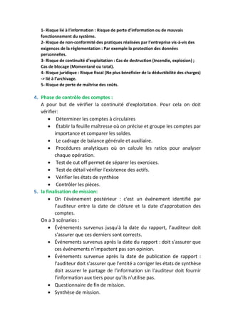 1- Risque lié à l’information : Risque de perte d’information ou de mauvais
fonctionnement du système.
2- Risque de non-conformité des pratiques réalisées par l’entreprise vis-à-vis des
exigences de la réglementation : Par exemple la protection des données
personnelles.
3- Risque de continuité d’exploitation : Cas de destruction (Incendie, explosion) ;
Cas de blocage (Momentané ou total).
4- Risque juridique : Risque fiscal (Ne plus bénéficier de la déductibilité des charges)
-> lié à l’archivage.
5- Risque de perte de maîtrise des coûts.
4. Phase de contrôle des comptes :
A pour but de vérifier la continuité d'exploitation. Pour cela on doit
vérifier:
 Déterminer les comptes à circulaires
 Établir la feuille maîtresse où on précise et groupe les comptes par
importance et comparer les soldes.
 Le cadrage de balance générale et auxiliaire.
 Procédures analytiques où on calcule les ratios pour analyser
chaque opération.
 Test de cut off permet de séparer les exercices.
 Test de détail vérifier l'existence des actifs.
 Vérifier les états de synthèse
 Contrôler les pièces.
5. la finalisation de mission:
 On l'événement postérieur : c'est un événement identifié par
l’auditeur entre la date de clôture et la date d'approbation des
comptes.
On a 3 scénarios :
 Événements survenus jusqu'à la date du rapport, l’auditeur doit
s'assurer que ces derniers sont corrects.
 Événements survenus après la date du rapport : doit s'assurer que
ces événements n’impactent pas son opinion.
 Événements survenue après la date de publication de rapport :
l'auditeur doit s'assurer que l'entité a corriger les états de synthèse
doit assurer le partage de l'information sin l'auditeur doit fournir
l'information aux tiers pour qu'ils n'utilise pas.
 Questionnaire de fin de mission.
 Synthèse de mission.
 