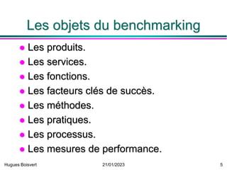 Hugues Boisvert 21/01/2023 5
Les objets du benchmarking
 Les produits.
 Les services.
 Les fonctions.
 Les facteurs cl...