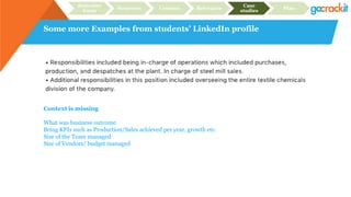 Some more Examples from students’ LinkedIn profile
Recruiter
focus
Structure Content Relevance
Case
studies
Plan
Context is missing
What was business outcome
Bring KPIs such as Production/Sales achieved per year, growth etc.
Size of the Team managed
Size of Vendors/ budget managed
 