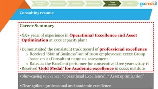 Consulting resume
Recruiter
focus
Structure Content Relevance
Case
studies
Plan
Career Summary
•XX+ years of experience in Operational Excellence and Asset
Optimization at xxxx capacity plant
•Demonstrated the consistent track record of professional excellence
o Received “Star of Business” out of 1000 employees at xxxxx Group
based on <<Consultant name >> assessment
o Rated as the Excellent performer for consecutive three years 2014-17
•Received ‘Gold Medal’ for Academic excellence in xxxxx institute
•Showcasing relevance: “Operational Excellence”, “ Asset optimization”
•Clear spikes : professional and academic excellence
 