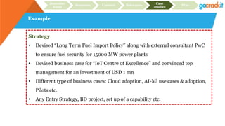 Example
Recruiter
focus
Structure Content Relevance
Case
studies
Plan
Strategy
• Devised “Long Term Fuel Import Policy” along with external consultant PwC
to ensure fuel security for 15000 MW power plants
• Devised business case for “IoT Centre of Excellence” and convinced top
management for an investment of USD 1 mn
• Different type of business cases: Cloud adoption, AI-Ml use cases & adoption,
Pilots etc.
• Any Entry Strategy, BD project, set up of a capability etc.
 