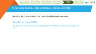 Some more Examples from students’ LinkedIn profile
Recruiter
focus
Structure Content Relevance
Case
studies
Plan
Quantify your responsibilities
Bring extent of business you were managing in terms of $/INR, #of geos/ stores/ designers etc.
etc.
 