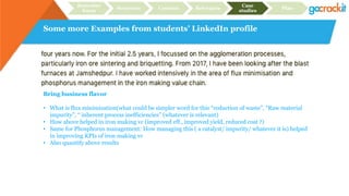 Some more Examples from students’ LinkedIn profile
Recruiter
focus
Structure Content Relevance
Case
studies
Plan
Bring business flavor
• What is flux minimization(what could be simpler word for this “reduction of waste”, “Raw material
impurity”, “ inherent process inefficiencies” (whatever is relevant)
• How above helped in iron making vc (improved eff., improved yield, reduced cost ?)
• Same for Phosphorus management: How managing this ( a catalyst/ impurity/ whatever it is) helped
in improving KPIs of iron making vc
• Also quantify above results
 