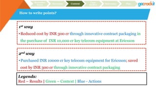 How to write points?
1st way
• Reduced cost by INR 300 cr through innovative contract packaging in
the purchase of INR 10,000 cr key telecom equipment at Ericsson
2nd way
• Purchased INR 10000 cr key telecom equipment for Ericsson; saved
cost by INR 300 cr through innovative contract packaging
Legends:
Red – Results | Green – Context | Blue - Actions
Recruiter
focus Structure Content
Case
studies Relevance Plan
 