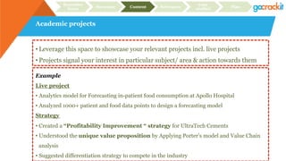 Academic projects
Recruiter
focus Structure Content Relevance
Case
studies Plan
• Leverage this space to showcase your relevant projects incl. live projects
• Projects signal your interest in particular subject/ area & action towards them
Example
Live project
• Analytics model for Forecasting in-patient food consumption at Apollo Hospital
• Analyzed 1000+ patient and food data points to design a forecasting model
Strategy
• Created a “Profitability Improvement “ strategy for UltraTech Cements
• Understood the unique value proposition by Applying Porter’s model and Value Chain
analysis
• Suggested differentiation strategy to compete in the industry
 