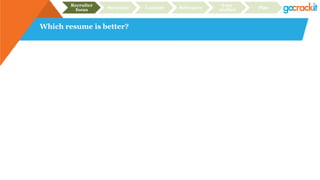 Which resume is better?
Recruiter
focus Structure Content Relevance
Case
studies Plan
 