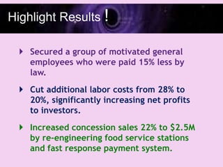 Highlight Results !

   Secured a group of motivated general
    employees who were paid 15% less by
    law.
   Cut additional labor costs from 28% to
    20%, significantly increasing net profits
    to investors.
   Increased concession sales 22% to $2.5M
    by re-engineering food service stations
    and fast response payment system.
 