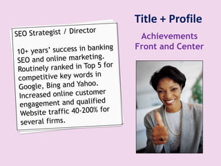 Title + Profile
 Achievements
Front and Center
 