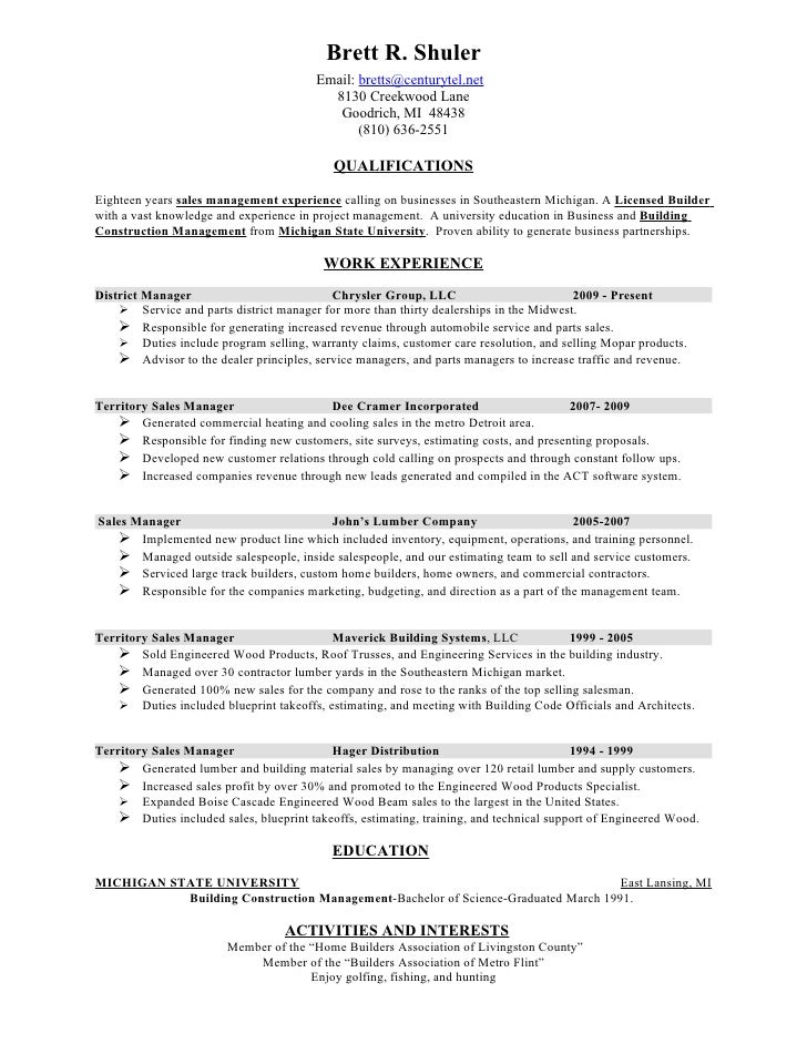 resume for custom home builder