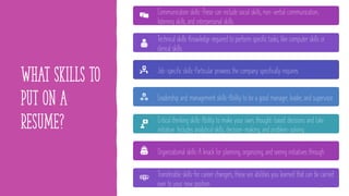 What skills to
put on a
resume?
Communication skills—These can include social skills, non-verbal communication,
listening skills, and interpersonal skills.
Technical skills—Knowledge required to perform specific tasks, like computer skills or
clerical skills.
Job-specific skills—Particular prowess the company specifically requires.
Leadership and management skills—Ability to be a good manager, leader, and supervisor.
Critical thinking skills—Ability to make your own, thought-based decisions and take
initiative. Includes analytical skills, decision-making, and problem-solving.
Organizational skills—A knack for planning, organizing, and seeing initiatives through.
Transferable skills—for career changers, these are abilities you learned that can be carried
over to your new position. 23
 