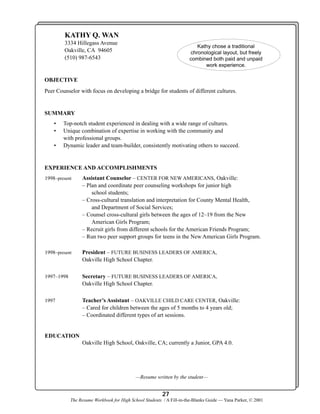 KATHY Q. WAN
3334 Hillegass Avenue
Oakville, CA 94605
(510) 987-6543

Kathy chose a traditional
chronological layout, but freely
combined both paid and unpaid
work experience.

OBJECTIVE
Peer Counselor with focus on developing a bridge for students of different cultures.

SUMMARY
•
•
•

Top-notch student experienced in dealing with a wide range of cultures.
Unique combination of expertise in working with the community and
with professional groups.
Dynamic leader and team-builder, consistently motivating others to succeed.

EXPERIENCE AND ACCOMPLISHMENTS
1998–present

Assistant Counselor – CENTER FOR NEW AMERICANS, Oakville:
– Plan and coordinate peer counseling workshops for junior high
school students;
– Cross-cultural translation and interpretation for County Mental Health,
and Department of Social Services;
– Counsel cross-cultural girls between the ages of 12–19 from the New
American Girls Program;
– Recruit girls from different schools for the American Friends Program;
– Run two peer support groups for teens in the New American Girls Program.

1998–present

President – FUTURE BUSINESS LEADERS OF AMERICA,
Oakville High School Chapter.

1997–1998

Secretary – FUTURE BUSINESS LEADERS OF AMERICA,
Oakville High School Chapter.

1997

Teacher’s Assistant – OAKVILLE CHILD CARE CENTER, Oakville:
– Cared for children between the ages of 5 months to 4 years old;
– Coordinated different types of art sessions.

EDUCATION
Oakville High School, Oakville, CA; currently a Junior, GPA 4.0.

—Resume written by the student—

27
The Resume Workbook for High School Students / A Fill-in-the-Blanks Guide — Yana Parker, © 2001

 