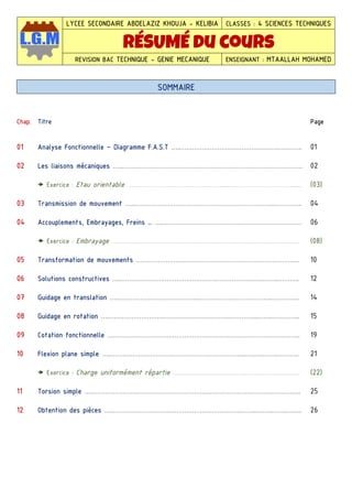 LYCEE SECONDAIRE ABDELAZIZ KHOUJA - KELIBIA CLASSES : 4 SCIENCES TECHNIQUES
RÉSUMÉ du cours
REVISION BAC TECHNIQUE - GENIE MECANIQUE ENSEIGNANT : MTAALLAH MOHAMED
Chap. Titre Page
01 Analyse Fonctionnelle – Diagramme F.A.S.T …..…………………………………………………….. 01
02 Les liaisons mécaniques …..……………………………………………………………………………….. 02
Exercice : Etau orientable ……….…………………………………..……………………………...… (03)
03 Transmission de mouvement …..……………………………………………………………...………….. 04
04 Accouplements, Embrayages, Freins … …..………………………………….………………………… 06
Exercice : Embrayage ………………………………………………………………………………...… (08)
05 Transformation de mouvements ……………………………………………………………………….. 10
06 Solutions constructives …..…………………………………………………………..…..……..……….. 12
07 Guidage en translation …..…………………………………..………………………………..………….. 14
08 Guidage en rotation …..…………………………………………………….…………...……..………….. 15
09 Cotation fonctionnelle …………………………………………………………………………………….. 19
10 Flexion plane simple …..…………………………………………………………...…..…..……..……….. 21
Exercice : Charge uniformément répartie ………………………………..…………………...… (22)
11 Torsion simple …..………………………………………………………………………………..………….. 25
12 Obtention des pièces …..………………………………………………………..……...……..……..…….. 26
SOMMAIRE
 