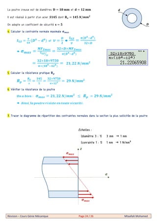 Révision – Cours Génie Mécanique Page 24 / 26 Mtaallah Mohamed
La poutre creuse est de diamètres m l nn et o nn
Il est réalisé à partir d’un acier E 5% dont / 5% /
On adopte un coefficient de sécurité p %
4. Calculer la contrainte normale maximale q S
XY 5
+[5
. 5
- et
[ XY +[5
. 5
-
3 [
V S
T S
XY Z
3 [ T S
+[5
. 5
-
3 l @ %
+ l5
. 5
-
, /
5. Calculer la résistance pratique /D
D
5%
%
3 @ %
3 @ /
6. Vérifier la résistance de la poutre
r O ∶ V S , /  D @ /
M , I D é éF é.
7. Tracer le diagramme de répartition des contraintes normales dans la section la plus sollicitée de la poutre
V
W
V S
V S
Echelles :
(diamètre 3 : 1) 3 mm 1 mm
(conrainte 1 : 1) 1 mm 1 N/mm²
[
 