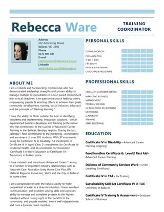 Rebecca Ware TRAINING
COORDINATOR
Address
522 Armstrong Street,
Ballarat, VIC 3350
Phone
0439 807 881
E-mail
rebecca.ware@stlaurence.org.au
LinkedIn
www.linkedin.com/RebeccaWare
PERSONAL SKILLS
COMMUNICATION
ORGANIZATION
TEAM PLAYER
CREATIVITY
DEDICATED & DRIVEN
OUTGOING& PASSIONATE
PROFESSIONAL SKILLS
EXCELLENTCUSTOMERSERVICE
MARKETING BUSINESS
devDEVELOPMENTMANAGEMENT
PROBLEM SOLVING
HR FUNCTIONS:RECRUTIMENT
PAYROLLMENTORING
LEADERSHIP
TRAINING
STAFF ROSTERING
EDUCATION
Certificate IV in Disability - Advanced Career
Training (ongoing)
Food handlers Certificate & Level 2 First Aid -
Advanced Career Training
Diploma of Community Services Work – OTEN
(awaiting Certificate)
Certificate IV in TAE - Liv Training
Sustainability Skill Set Certificate IV in TAE -
University of Ballarat
Certificate IV Training & Assessment – Graduate
School of Business
ABOUT ME
I am a reliable and hardworking professional, who has
demonstrated leadership strengths and proven ability to
manage multiple responsibilities in a fast-paced environment
with critical deadlines. I am passionate about helping others,
empowering people & assisting others to achieve their goals,
community development, training, social inclusion, advocacy
and the principle of “lifelong learning.”
I have the ability to ‘think outside the box’ in identifying
problems and implementing innovative solutions. I am an
experienced business developer and training professional
who has contributed to the success of Advanced Career
Training in the Ballarat, Bendigo regions. During the last
calendar I have contributed to the marketing, coordination
and enrolment of over 302 students. With 57 enrolments
being for Certificate IV in Disability, 54 enrolments in
Certificate III in Aged Care, 21 enrolments for Certificate IV
in Mental Health, and 36 enrolments for foundation
(Certificate I in Work Education or Certificate I in
Transition) in Ballarat alone.
I have initiated and introduced Advanced Career Training
to a number of important industry relationships such as
Nazareth Care, Australian Unity Home Care Plus, BRI
(Ballarat Regional Industries), SAILS and the City of Ballarat
to name a few.
I am a people person with the natural ability to make
people feel ‘at ease’ in a stressful situation. I have excellent
communication and problem solving skills and a proven
ability to manage and complete projects to the highest
standard without losing sight of the benefits to the
community and people involved. I work well independently
and I am a dynamic team member.
 