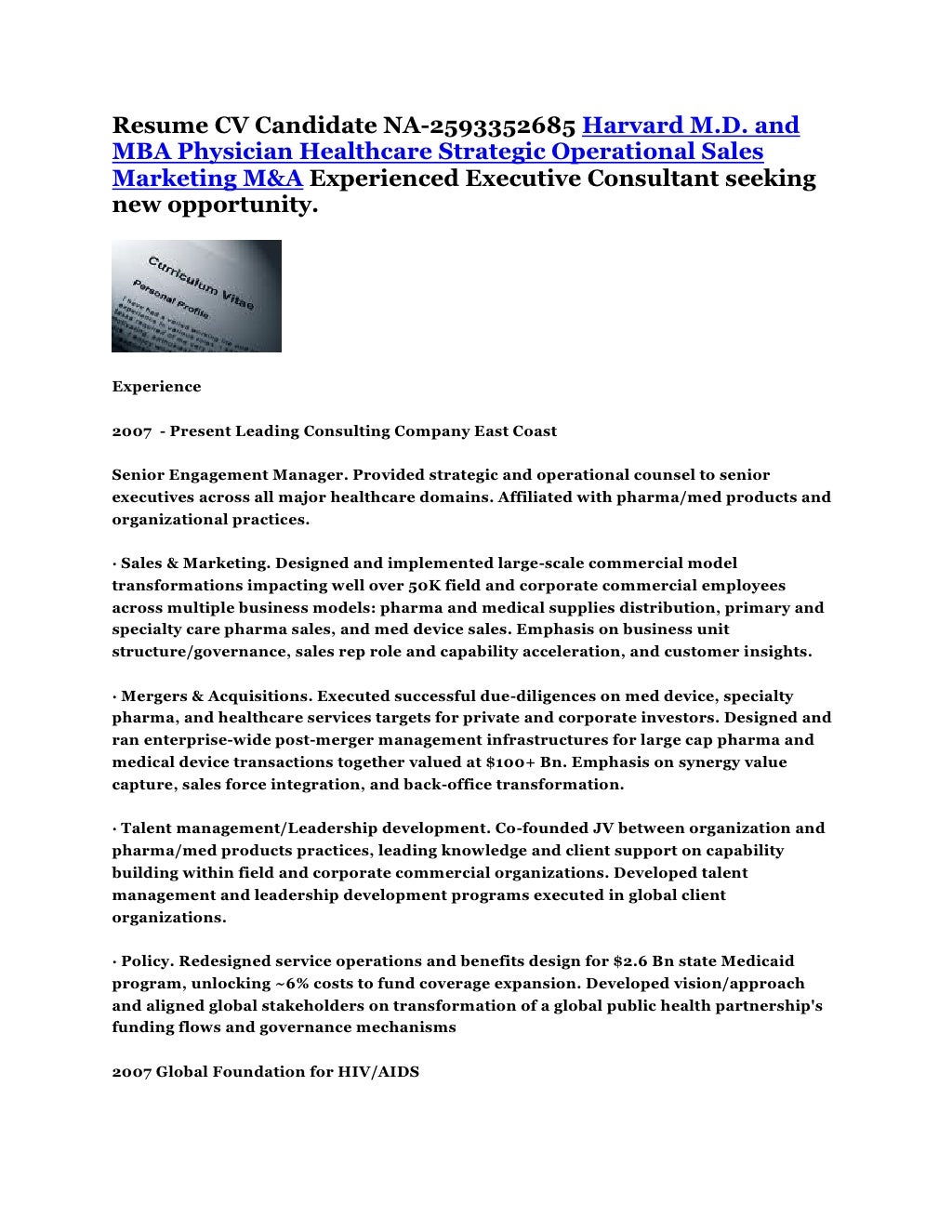 Resume CV Harvard M.D. and MBA Physician Healthcare Strategic Operati…