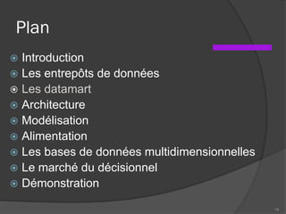 Plan
 Introduction
 Les entrepôts de données
 Les datamart
 Architecture
 Modélisation
 Alimentation
 Les bases de données multidimensionnelles
 Le marché du décisionnel
 Démonstration
18
 