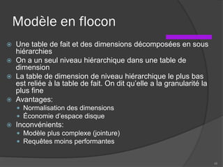 Modèle en flocon
 Une table de fait et des dimensions décomposées en sous
hiérarchies
 On a un seul niveau hiérarchique dans une table de
dimension
 La table de dimension de niveau hiérarchique le plus bas
est reliée à la table de fait. On dit qu’elle a la granularité la
plus fine
 Avantages:
 Normalisation des dimensions
 Économie d’espace disque
 Inconvénients:
 Modèle plus complexe (jointure)
 Requêtes moins performantes
48
 