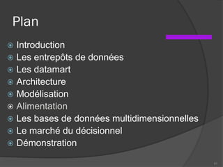 Plan
 Introduction
 Les entrepôts de données
 Les datamart
 Architecture
 Modélisation
 Alimentation
 Les bases de données multidimensionnelles
 Le marché du décisionnel
 Démonstration
51
 