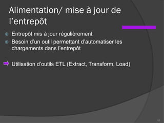 Alimentation/ mise à jour de
l’entrepôt
 Entrepôt mis à jour régulièrement
 Besoin d’un outil permettant d’automatiser les
chargements dans l’entrepôt
Utilisation d’outils ETL (Extract, Transform, Load)
52
 