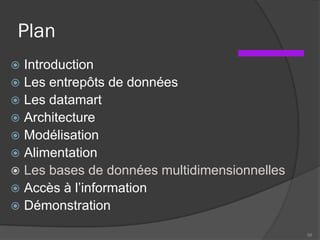 Plan
 Introduction
 Les entrepôts de données
 Les datamart
 Architecture
 Modélisation
 Alimentation
 Les bases de données multidimensionnelles
 Accès à l’information
 Démonstration
58
 