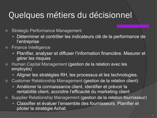 Quelques métiers du décisionnel
 Strategic Performance Management
 Déterminer et contrôler les indicateurs clé de la performance de
l’entreprise
 Finance Intelligence
 Planifier, analyser et diffuser l’information financière. Mesurer et
gérer les risques
 Human Capital Management (gestion de la relation avec les
employés)
 Aligner les stratégies RH, les processus et les technologies.
 Customer Relationship Management (gestion de la relation client)
 Améliorer la connaissance client, identifier et prévoir la
rentabilité client, accroitre l’efficacité du marketing client
 Supplier Relationship Management (gestion de la relation fournisseur)
 Classifier et évaluer l’ensemble des fournisseurs. Planifier et
piloter la stratégie Achat.
9
 