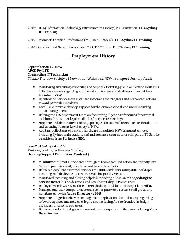 desktop support resume examples