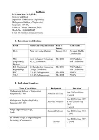 RESUME
Dr.N.Natarajan, M.E, Ph.D.,
Professor and Head,
Department of Mechanical Engineering,
Muthayammal College of Engineering,
Rasipuram- 637 408,
Namakkal District, Tamilnadu, India.
Mobile No: +919894020847
E-mail ID: natarajan_nnr@yahoo.com
1. Educational Qualifications:
Level Board/University/Institution Year of
Passing
% of Marks
Ph.D. Anna University, Chennai January 2013 Awarded (Highly
Commended).
M.E.
(Engineering
Design)
Govt. College of Technology
(GCT), Coimbatore.
May 2004 80.95% (I class
with Distinction)
B.E (Mechanical
Engineering)
Sri Ramakrishna Engineering
College, Coimbatore.
May 1999 75.23% (I class
with Distinction)
HSC G.H.S.S, Sellappampatti. May 1994 83.60%
SSLC G.H.S.S, Sellappampatti. May 1992 73.60%
2. Professional Experience:
Name of the College Designation Duration
Muthayammal College of Engineering,
Rasipuram-637 408 Professor and Head
June 2012 to till date
(2 years)
Muthayammal Engineering College,
Rasipuram-637 408
Associate Professor
June 2007 to May 2009.
& June 2010 to May
2012
(4 years)
Kongu Engineering College,
Erode.
Assistant Professor June 2009 to May 2010
(1 year)
Sri Krishna college of Engineering and
Technology, Coimbatore-8
Lecturer
June 2004 to May 2007.
(3 years)
 