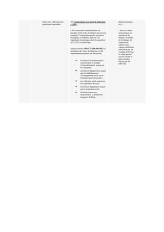 Maroc et y effectuant des
opérations imposables.
2°) Exonérations avec droit à déduction
(ADD) :
Elles concernent essentiellement les
produits livrés et les prestations de services
rendues à l’exportation par les assujettis,
les engrais, le matériel agricole, les
logements économiques dont la superficie
et la VIT n’excédent pas
respectivement 100 m2
et 200.000 DH, les
opérations de vente, de réparation et de
transformation portant sur les navires.
• les biens d’investissement à
inscrire dans un compte
d’immobilisation, acquis par
les assujettis ;
• les biens d’équipements acquis
par les établissements
d’enseignement privé ou de
formation professionnelle ;
• les véhicules neufs acquis par
les exploitants de taxis ;
• les biens d’équipement acquis
par la protection civile ;
• les biens et services
nécessaires à la production
étrangère de films.
pharmaceutiques,
etc.) ;
- Pour la voiture
économique, les
opérations de
banque, de crédit
et de change, les
transactions
relatives aux
valeurs mobilières
effectuées par les
sociétés de bourse
et celles portant
sur les actions et
parts sociales
émises par les
OPCVM.
 