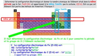 Déterminer la configuration électronique et donner le numéro atomique de l’élément situé dans la même
période que le fer, Fe(Z=26), et appartenant à la même famille que le carbone, C(Z=6). Est-ce que cet
élément fait partie des métaux de transition ? Pourquoi ?
 La configuration électronique du C (Z=6) est : 1s2 2s22p2
C appartient au groupe IVA
 La configuration électronique du Fe (Z=26) est:
RD :1s22s22p63s23p64s23d6
RS :1s22s22p63s23p63d64s2
Il faut déterminer la configuration électronique du Fe et du C pour connaitre la période
et le groupe de X ( l’élément recherché)
même période
même famille
X
 