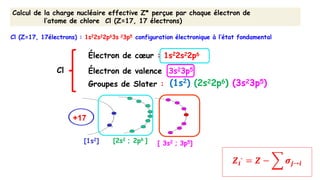 Calcul de la charge nucléaire effective Z* perçue par chaque électron de
l’atome de chlore Cl (Z=17, 17 électrons)
Cl
[1s2] [ 3s2 ; 3p5]
+17
Cl (Z=17, 17électrons) : 1s22s22p63s 23p5 configuration électronique à l’état fondamental
Électron de cœur : 1s22s22p6
Électron de valence :3s23p5
Groupes de Slater : (1s2) (2s22p6) (3s23p5)
[2s2 ; 2p6 ]
𝒁𝒊
∗
= 𝒁 − 𝝈𝒋→𝒊
 