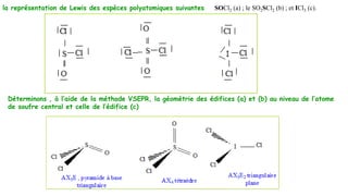 la représentation de Lewis des espèces polyatomiques suivantes SOCl2 (a) ; le SO2SCl2 (b) ; et ICl3 (c).
Déterminons , à l’aide de la méthode VSEPR, la géométrie des édifices (a) et (b) au niveau de l’atome
de soufre central et celle de l’édifice (c)
 