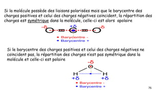 76
Si le barycentre des charges positives et celui des charges négatives ne
coïncident pas, la répartition des charges n’est pas symétrique dans la
molécule et celle-ci est polaire
Si la molécule possède des liaisons polarisées mais que le barycentre des
charges positives et celui des charges négatives coïncident, la répartition des
charges est symétrique dans la molécule, celle-ci est alors apolaire
 