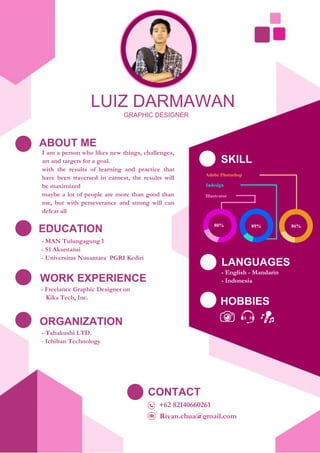 LUIZ DARMAWAN
GRAPHIC DESIGNER
I am a person who likes new things, challenges,
art and targets for a goal.
with the results of learning and practice that
have been traversed in earnest, the results will
be maximized
maybe a lot of people are more than good than
me, but with perseverance and strong will can
defeat all
ABOUT ME
EDUCATION
WORK EXPERIENCE
ORGANIZATION
- MAN Tulungagung 1
- S1 Akuntansi
- Universitas Nusantara PGRI Kediri
- Freelance Graphic Designer on
Kika Tech, Inc.
- Tabakushi LTD.
- Ichiban Technology
SKILL
LANGUAGES
HOBBIES
80% 89% 86%
Illustrator
Indesign
Adobe Photoshop
CONTACT
+62 82140660261
Riyan.chua@gmail.com
- English - Mandarin
- Indonesia
 