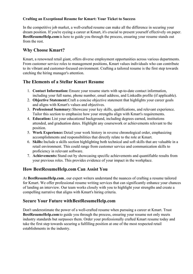 Resume For Kmart PDF