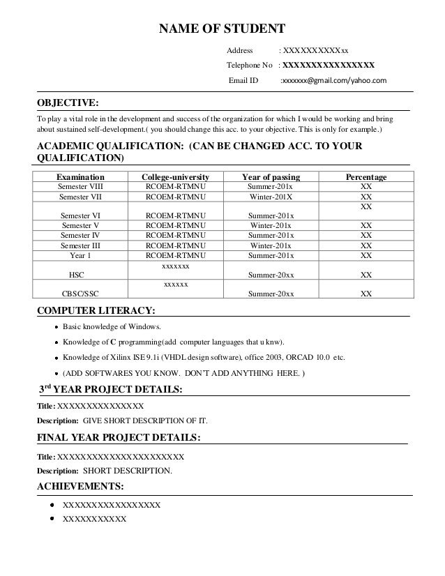 resume format for on campus freshers placements how to create a resume format