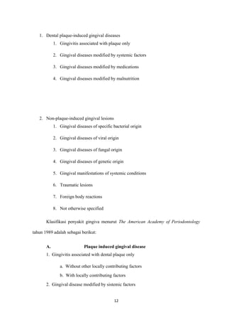 1. Dental plaque-induced gingival diseases
1. Gingivitis associated with plaque only
2. Gingival diseases modified by systemic factors
3. Gingival diseases modified by medications
4. Gingival diseases modified by malnutrition
2. Non-plaque-induced gingival lesions
1. Gingival diseases of specific bacterial origin
2. Gingival diseases of viral origin
3. Gingival diseases of fungal origin
4. Gingival diseases of genetic origin
5. Gingival manifestations of systemic conditions
6. Traumatic lesions
7. Foreign body reactions
8. Not otherwise specified
Klasifikasi penyakit gingiva menurut The American Academy of Periodontology
tahun 1989 adalah sebagai berikut:
A. Plaque induced gingival disease
1. Gingivitis associated with dental plaque only
a. Without other locally contributing factors
b. With locally contributing factors
2. Gingival disease modified by sistemic factors
12
 