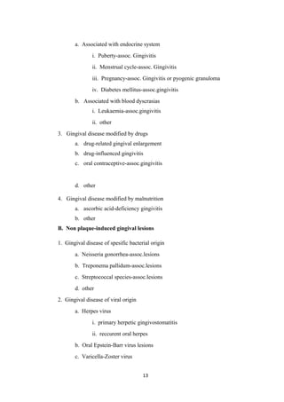 a. Associated with endocrine system
i. Puberty-assoc. Gingivitis
ii. Menstrual cycle-assoc. Gingivitis
iii. Pregnancy-assoc. Gingivitis or pyogenic granuloma
iv. Diabetes mellitus-assoc.gingivitis
b. Associated with blood dyscrasias
i. Leukaemia-assoc.gingivitis
ii. other
3. Gingival disease modified by drugs
a. drug-related gingival enlargement
b. drug-influenced gingivitis
c. oral contraceptive-assoc.gingivitis
d. other
4. Gingival disease modified by malnutrition
a. ascorbic acid-deficiency gingivitis
b. other
B. Non plaque-induced gingival lesions
1. Gingival disease of spesific bacterial origin
a. Neisseria gonorrhea-assoc.lesions
b. Treponema pallidum-assoc.lesions
c. Streptococcal species-assoc.lesions
d. other
2. Gingival disease of viral origin
a. Herpes virus
i. primary herpetic gingivostomatitis
ii. reccurent oral herpes
b. Oral Epstein-Barr virus lesions
c. Varicella-Zoster virus
13
 