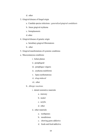 d. other
3. Gingival disease of fungal origin
a. Candida species infections : generalized gingival candidiasis
b. linear gingival erythema
c. histoplasmosis
d. other
4. Gingival disease of genetic origin
a. hereditary gingival fibromatosis
b. other
5. Gingival manifestations of systemic conditions
a. Mucocutaneous conditions
i. lichen planus
ii. pemphigoid
iii. pemphigus vulgaris
iv. erythema multiformi
v. lupus erythematosus
vi. drug-induced
vii. other
b. Allergic reactions
i. dental restorative materials
a. mercury
b. nickel
c. acrylic
d. other
ii. other materials
a. toothpastes
b. mouthrinses
c. chewing gums addictive
d. foods and food addictive
14
 