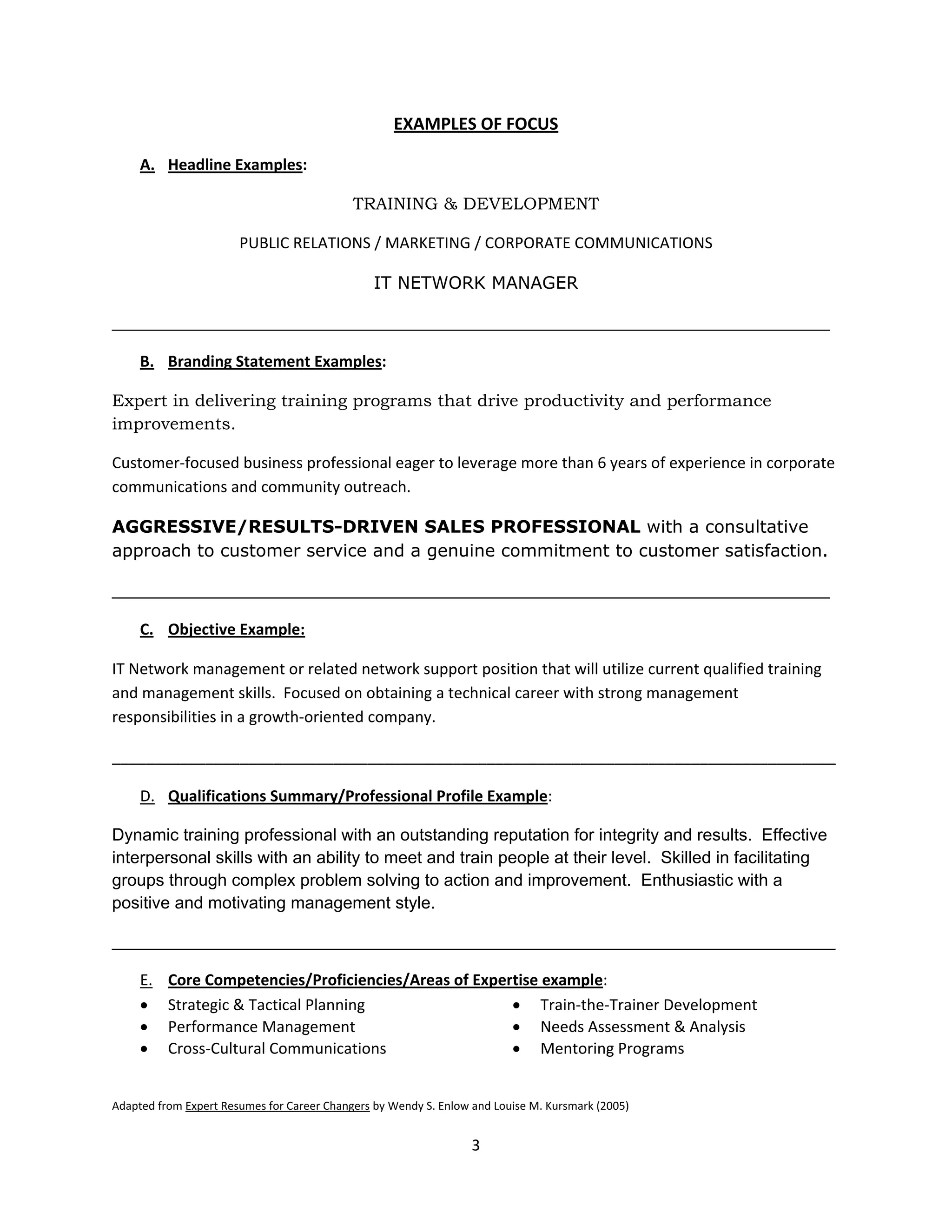 EXAMPLES OF FOCUS

     A. Headline Examples:

                                            TRAINING & DEVELOPMENT

                       PUBLIC RELATIONS / MARKETING / CORPORATE COMMUNICATIONS

                                                IT NETWORK MANAGER

__________________________________________________________________

     B. Branding Statement Examples:

Expert in delivering training programs that drive productivity and performance
improvements.

Customer-focused business professional eager to leverage more than 6 years of experience in corporate
communications and community outreach.

AGGRESSIVE/RESULTS-DRIVEN SALES PROFESSIONAL with a consultative
approach to customer service and a genuine commitment to customer satisfaction.

__________________________________________________________________

     C. Objective Example:

IT Network management or related network support position that will utilize current qualified training
and management skills. Focused on obtaining a technical career with strong management
responsibilities in a growth-oriented company.

_____________________________________________________________________________________

     D. Qualifications Summary/Professional Profile Example:

Dynamic training professional with an outstanding reputation for integrity and results. Effective
interpersonal skills with an ability to meet and train people at their level. Skilled in facilitating
groups through complex problem solving to action and improvement. Enthusiastic with a
positive and motivating management style.

____________________________________________________________________________

     E.   Core Competencies/Proficiencies/Areas of Expertise example:
     •    Strategic & Tactical Planning                 • Train-the-Trainer Development
     •    Performance Management                        • Needs Assessment & Analysis
     •    Cross-Cultural Communications                 • Mentoring Programs


Adapted from Expert Resumes for Career Changers by Wendy S. Enlow and Louise M. Kursmark (2005)


                                                                  3
 