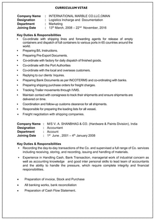 CURRICULUM VITAE
Key Duties & Responsibilities
 Co-ordinate with shipping lines and forwarding agents for release of empty
containers and dispatch of full containers to various ports in 65 countries around the
world.
 Preparing B/L Instructions.
 Preparing Pre-Export Documents.
 Co-ordinate with factory for daily dispatch of finished goods.
 Co-ordinate with the Port Authorities
 Co-ordinate with the local and overseas customers.
 Replying to our clients ‘inquires.
 Preparing Bank Documents as per INCOTERMS and co-ordinating with banks.
 Preparing shipping purchase orders for freight charges.
 Tracking Trailer movements through IVMS.
 Maintain contact with consignees to track their shipments and ensure shipments are
delivered on time.
 Coordination and follow-up customs clearance for all shipments.
 Responsible for preparing the loading lists for all vessel.
 Freight negotiation with shipping companies.
Key Duties & Responsibilities
 Recording the day-to-day transactions of the Co. and supervised a full range of Co. services
including receiving, storing, and recording, issuing and handling of materials.
 Experience in Handling Cash, Bank Transaction, managerial work of industrial concern as
well as accounting knowledge and good inter personal skills to lead team of accountants
and the ability to handle the pressure, which require complete integrity and financial
responsibilities.
 Preparation of invoice, Stock and Purchase
 All banking works, bank reconciliation
 Preparation of Cash Flow Statement.
Company Name : INTERNATIONAL MARBLE CO.LLC,OMAN
Designation : Logistics Incharge and Documentation
Department : Marketing
Joining Date : 13th March, 2008 – 22nd November, 2016
Company Name : M/S V. A. SHANBHAG & CO. (Hardware & Paints Division), India
Designation : Accountant
Department : Account
Joining Date : 1st June , 2001 – 4th January 2008
 