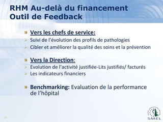 RHM Au-delà du financement
Outil de Feedback
Vers les chefs de service:
 Suivi de l’évolution des profils de pathologies

 Cibler et améliorer la qualité des soins et la prévention

Vers la Direction:
 Evolution de l’activité justifiée-Lits justifiés/ facturés
 Les indicateurs financiers

Benchmarking: Evaluation de la performance
de l’hôpital

11

 